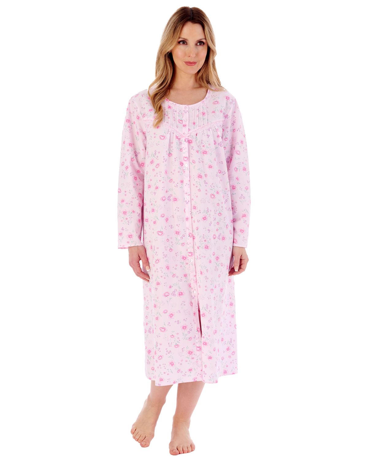 Slenderella Womens 100% Woven Cotton Long Sleeve Button Nightie
