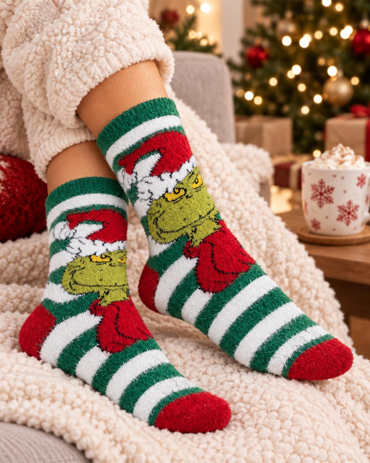 2 Pairs Womens Grinch Stripey Feather Cosy Socks 4-8