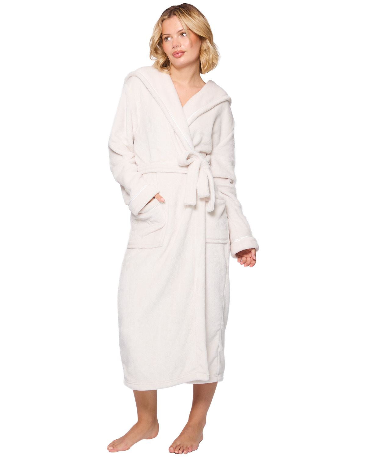 Packaged Robe With Ribbon Loungeable Womens Ribbon Trim Luxury Fleece Hooded Maxi Robe – Slumber Hut