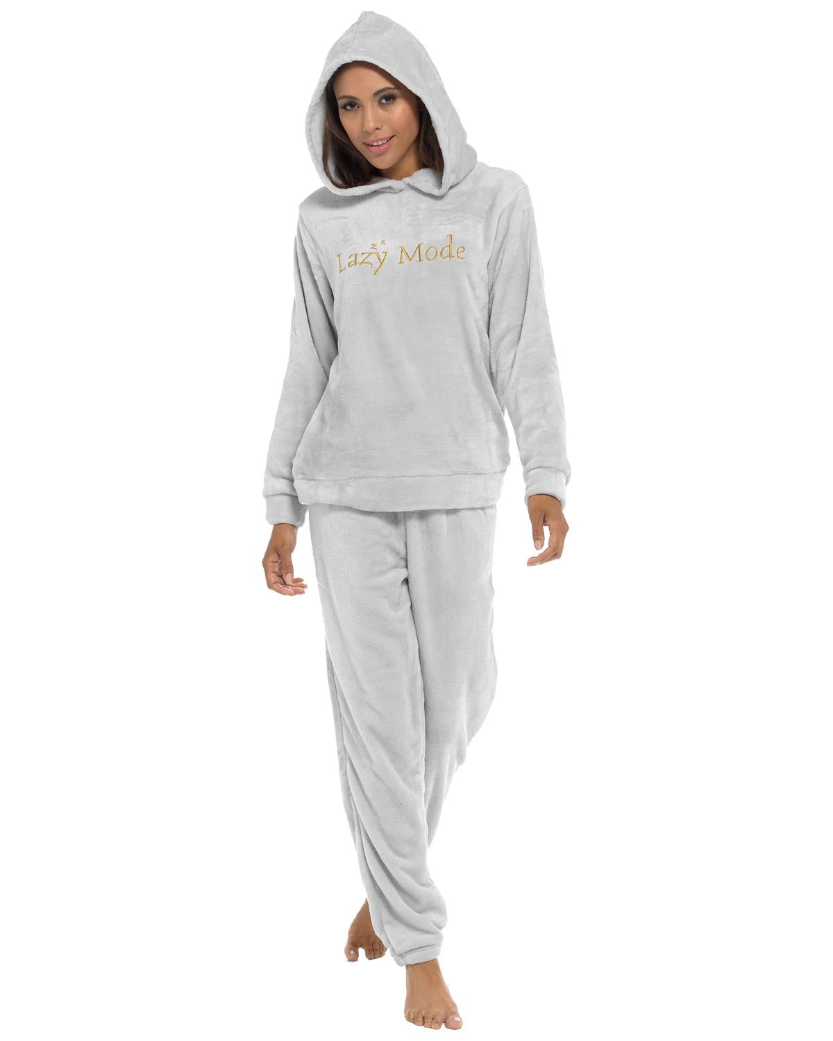 Womens Polished Fleece Slogan Hooded Pyjamas