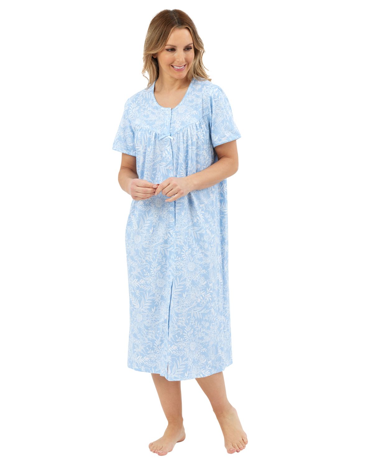 Marlon Womens Linear Floral 45" Short Sleeve Button Nightie