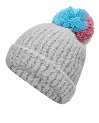 Womens Brushed Ribbed Turn Up Pom Beanie Hat