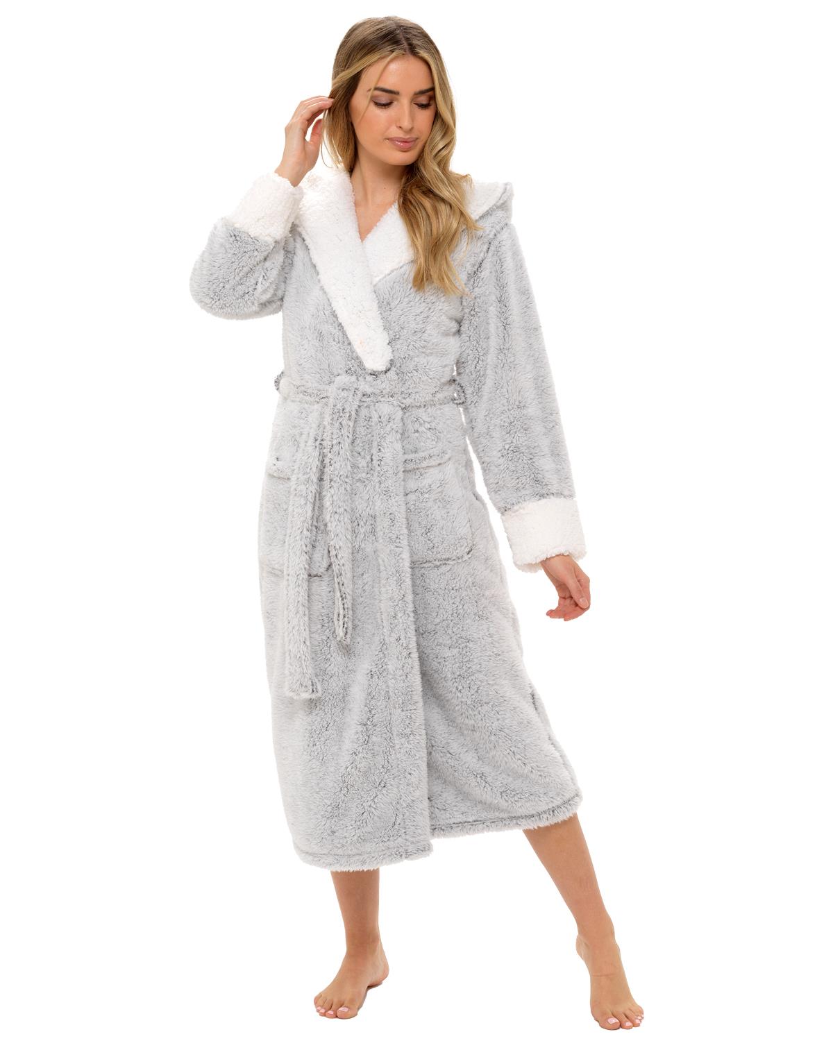 Womens Textured Fleece Sherpa Trim Dressing Gown