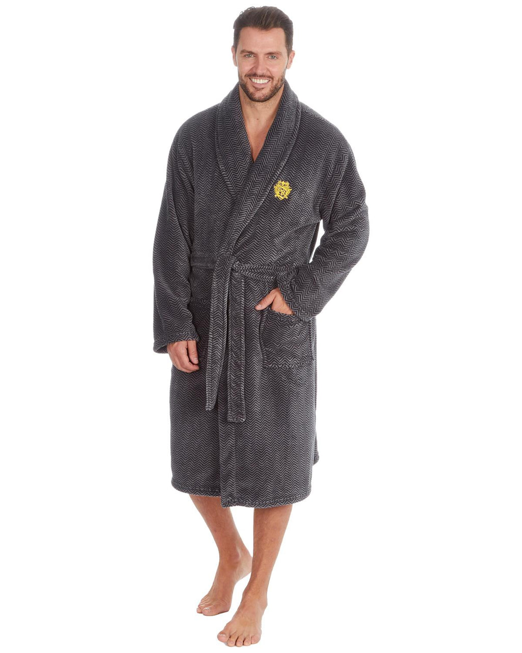 Pierre Roche Mens Black Chevron Fleece Dressing Gown – Slumber Hut