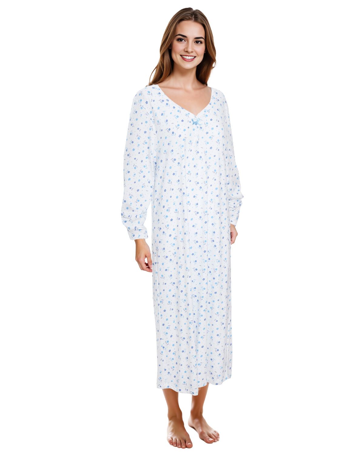 Cottonique Womens Long Sleeve Cotton Floral Nightdress