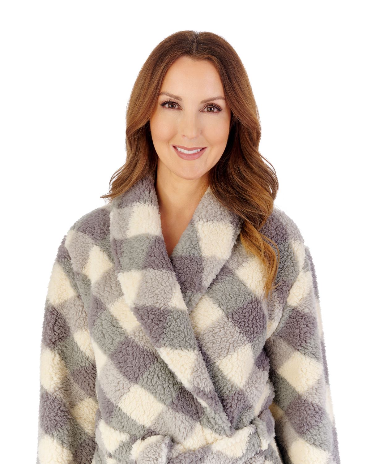 Slenderella Womens Printed Check Fleece 46" Shawl Collar Dressing Gown