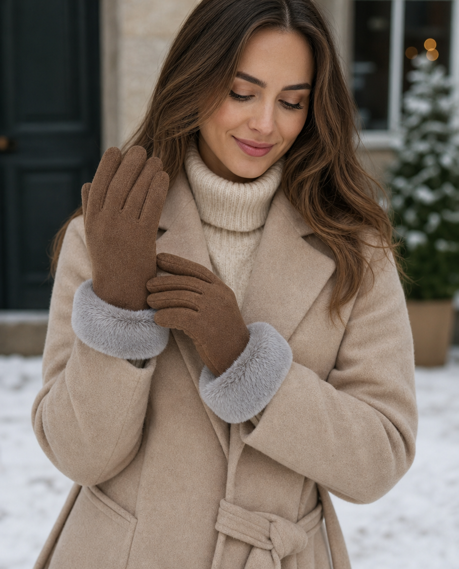 Womens Tan Fleece Gloves with Faux Fur Cuffs