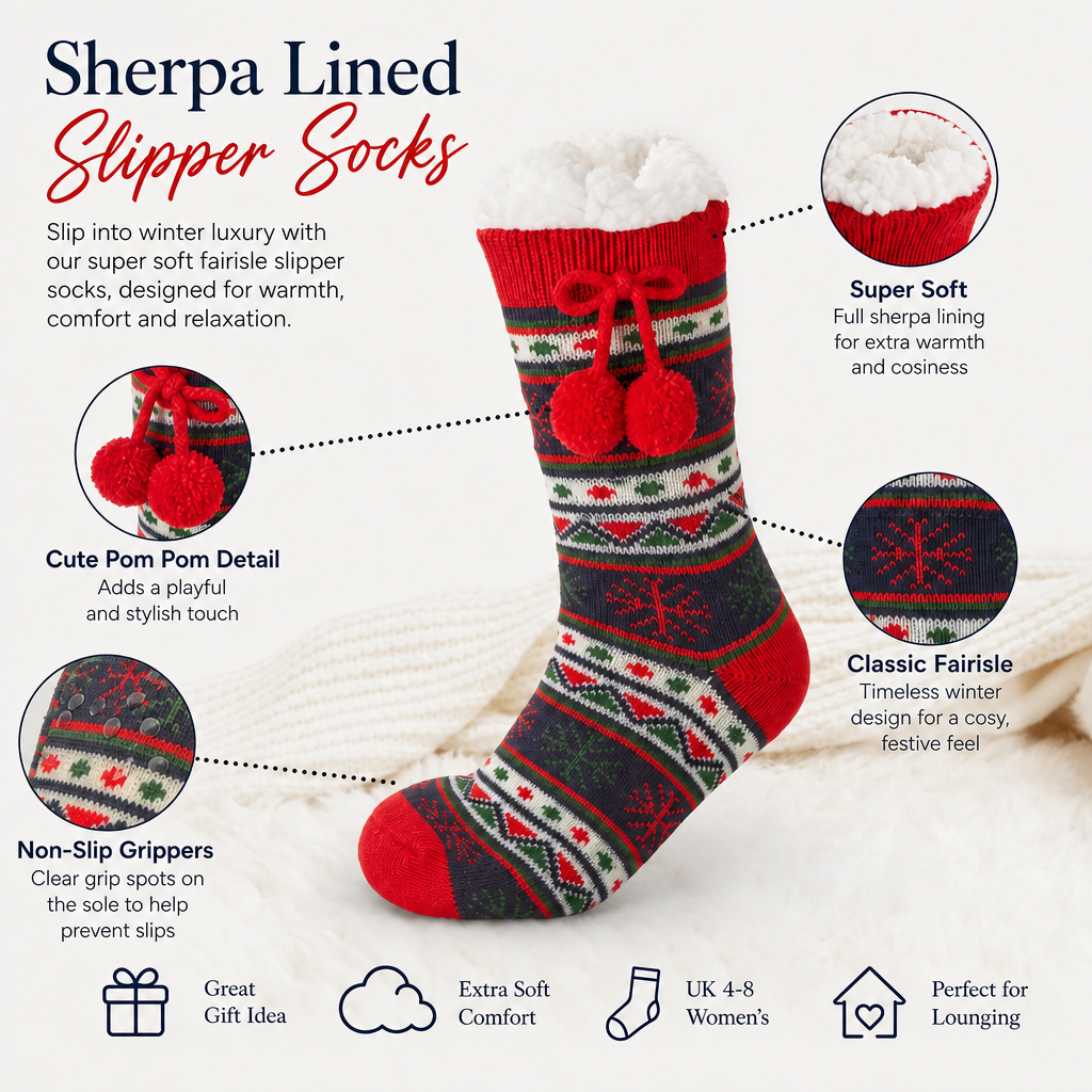Womens Fairisle Sherpa Lined Slipper Socks