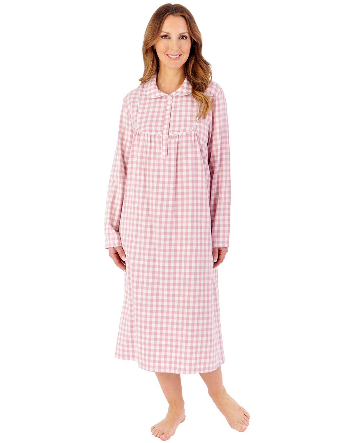 Slenderella Womens Brushed Woven Gingham 45" Long Sleeve Nightdress