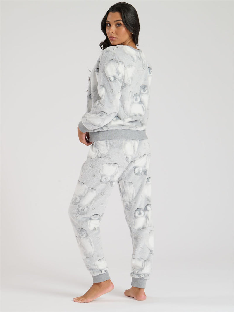 Loungeable Womens Grey Penguin Fleece Pyjamas