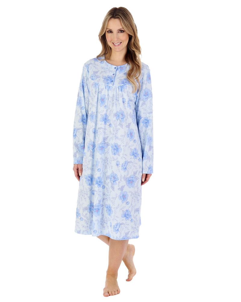 Slenderella Womens 42" Picot Trim Long Sleeve Cotton Nightie