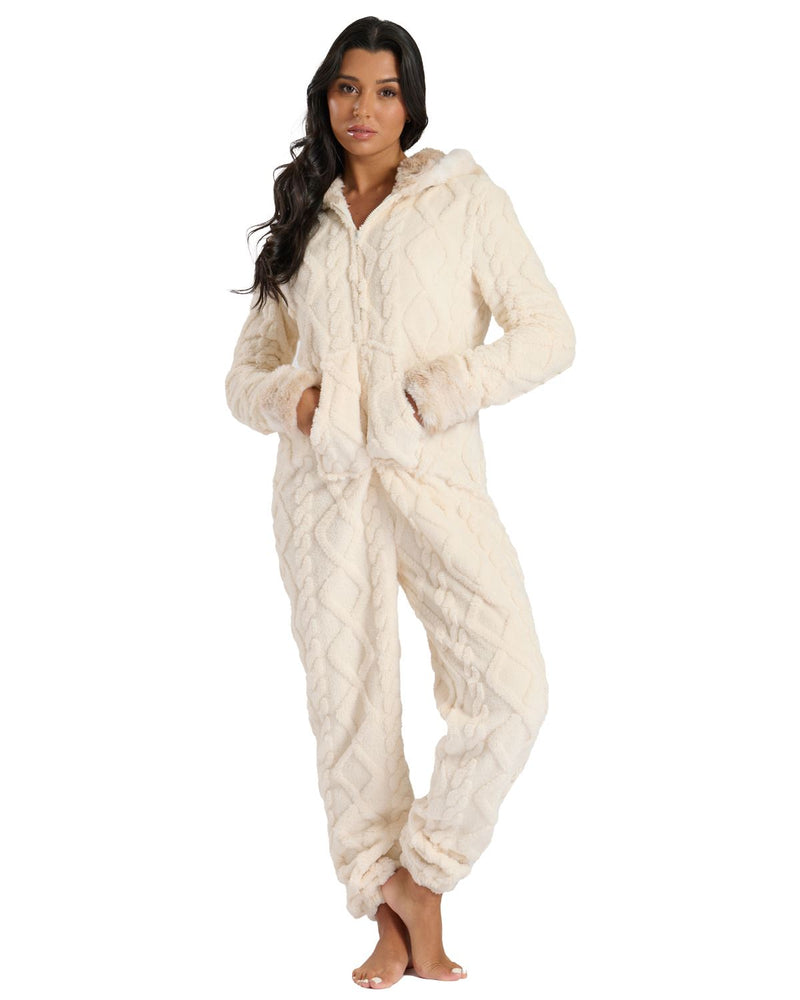Loungeable Womens Cable Fleece Hooded Onesie