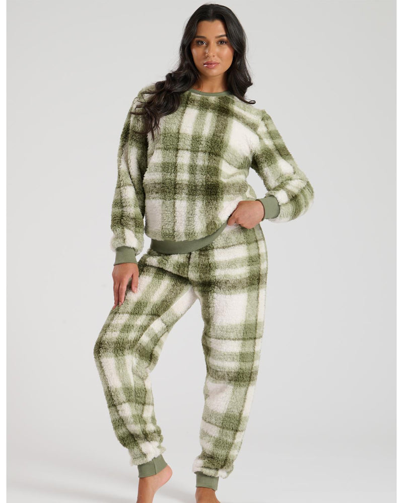 Loungeable Womens Green Check Borg Fleece Pyjamas