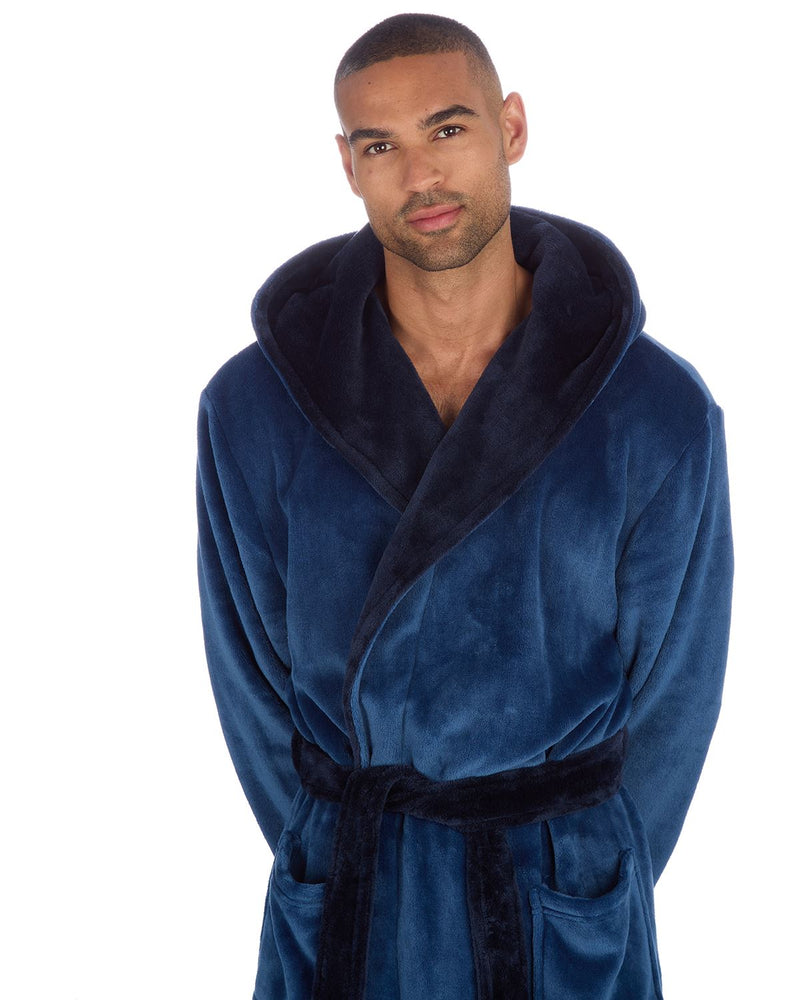 Huggable Mens Contrast Flannel Fleece Hooded Robe