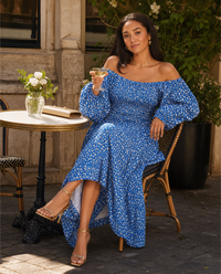 Womens Floral Long Bardot Sleeve Dress