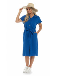 Indigo Roc Womens Linen Short Sleeve Button Dress