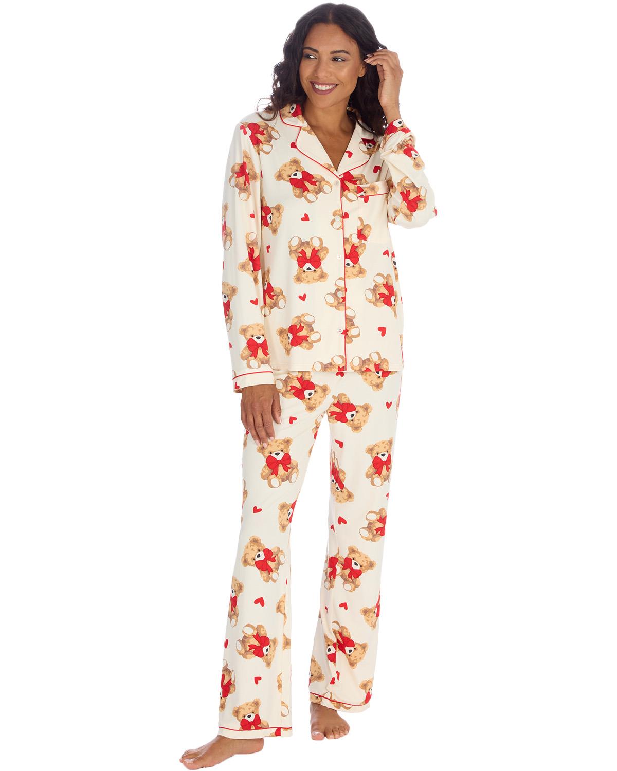 Womens & Girls Pyjamas Set Teddy Bear or Pink Heart Stripe