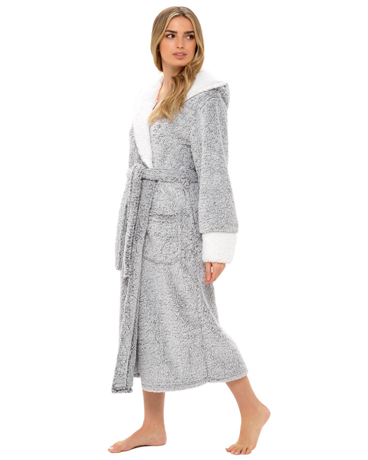 Womens Textured Fleece Sherpa Trim Dressing Gown