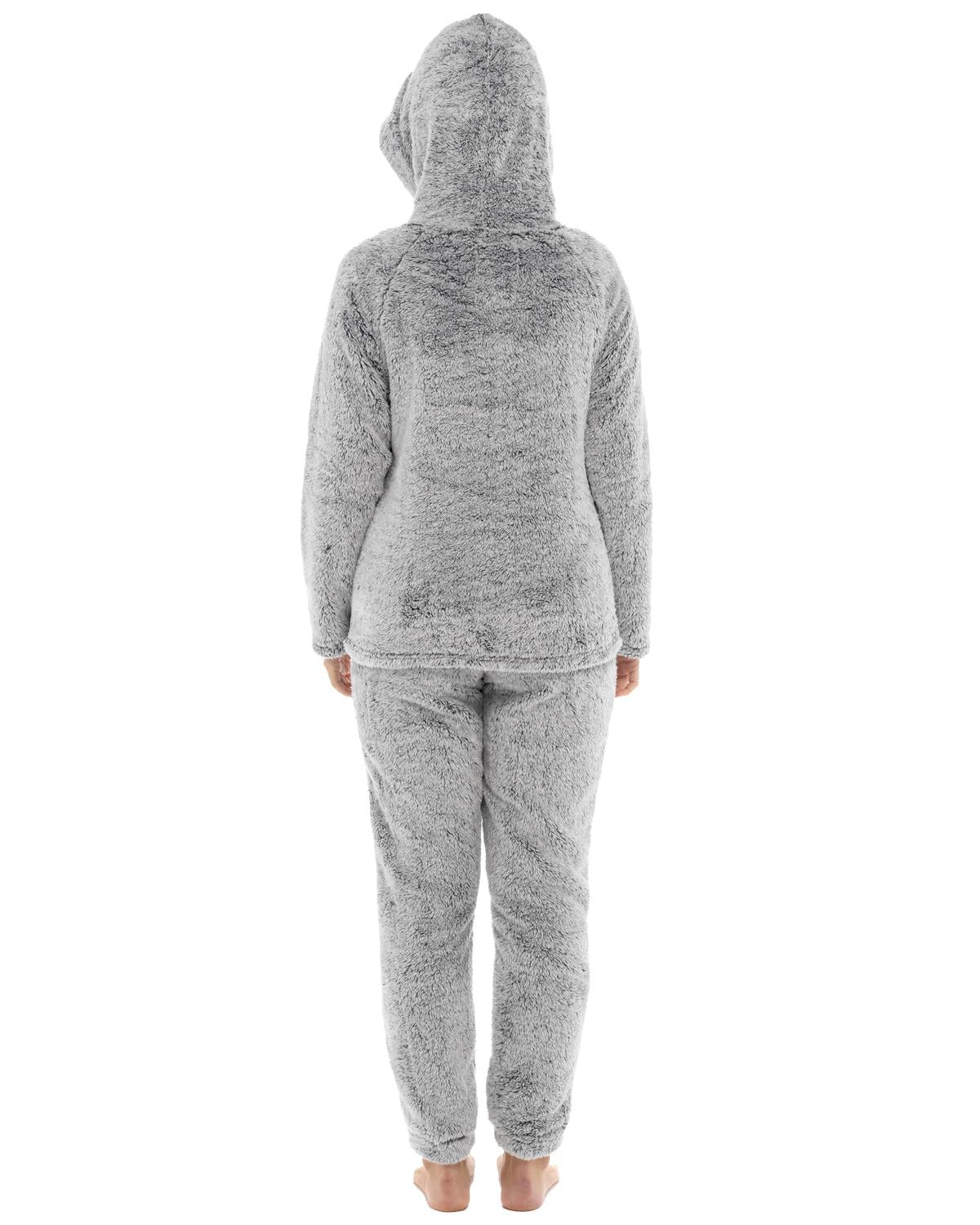 Womens Long Pile Fleece Hooded Pyjamas