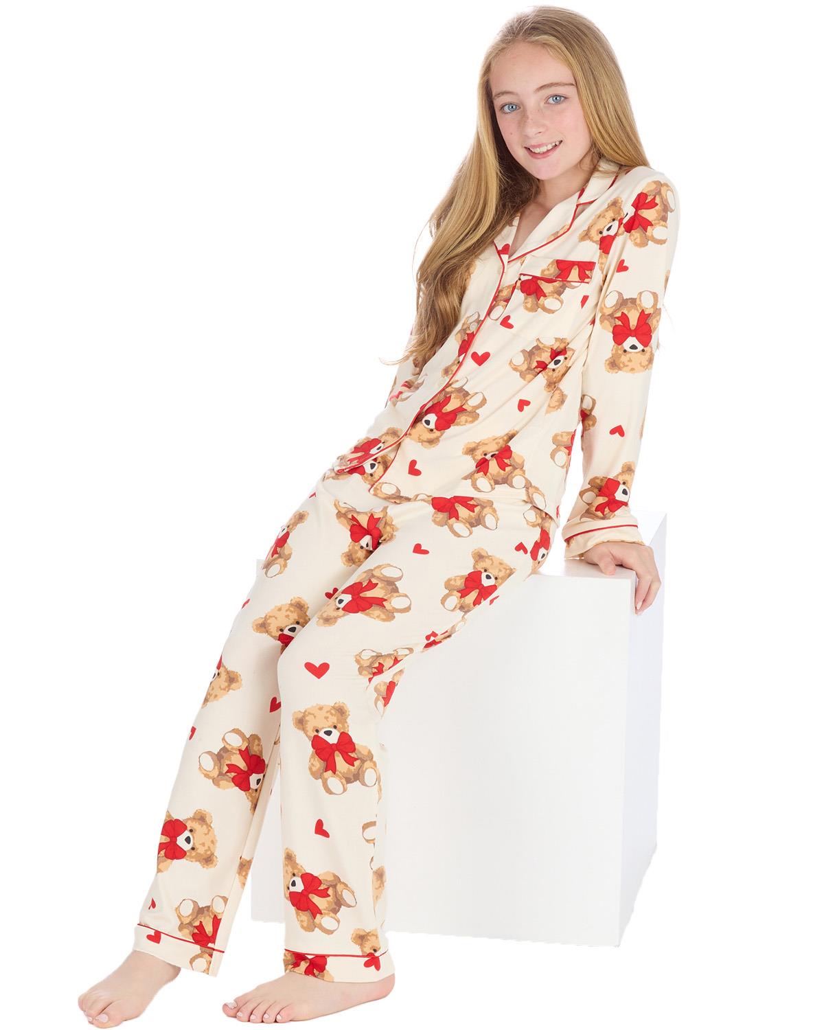 Womens & Girls Pyjamas Set Teddy Bear or Pink Heart Stripe