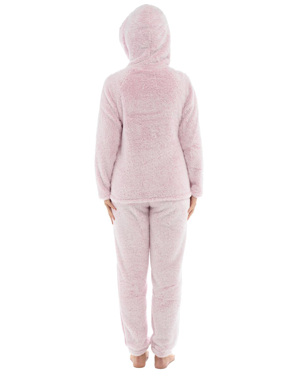 Womens Long Pile Fleece Hooded Pyjamas