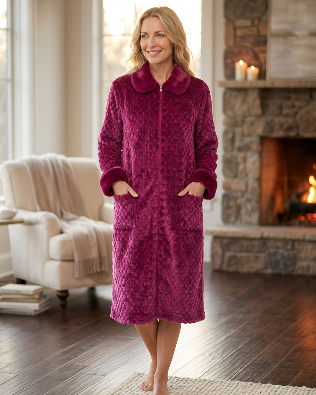 Marlon Womens Faux Fur Puff Fleece Zip Robe