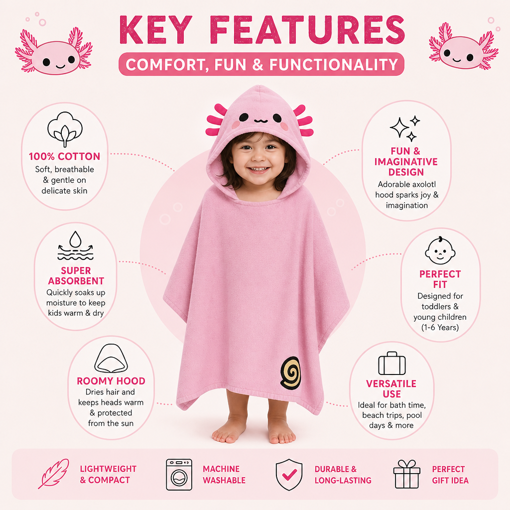 Adoramals Maddie the Axolotl Kids Hooded Towel