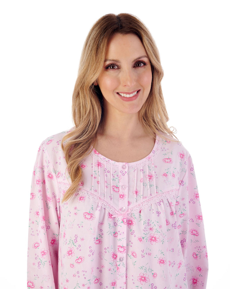 Slenderella Womens 100% Woven Cotton Long Sleeve Button Nightie