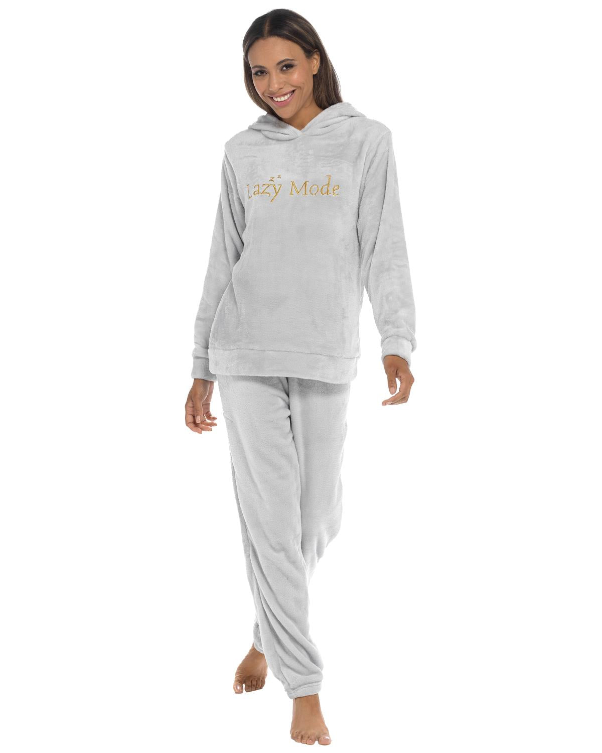 Womens Polished Fleece Slogan Hooded Pyjamas