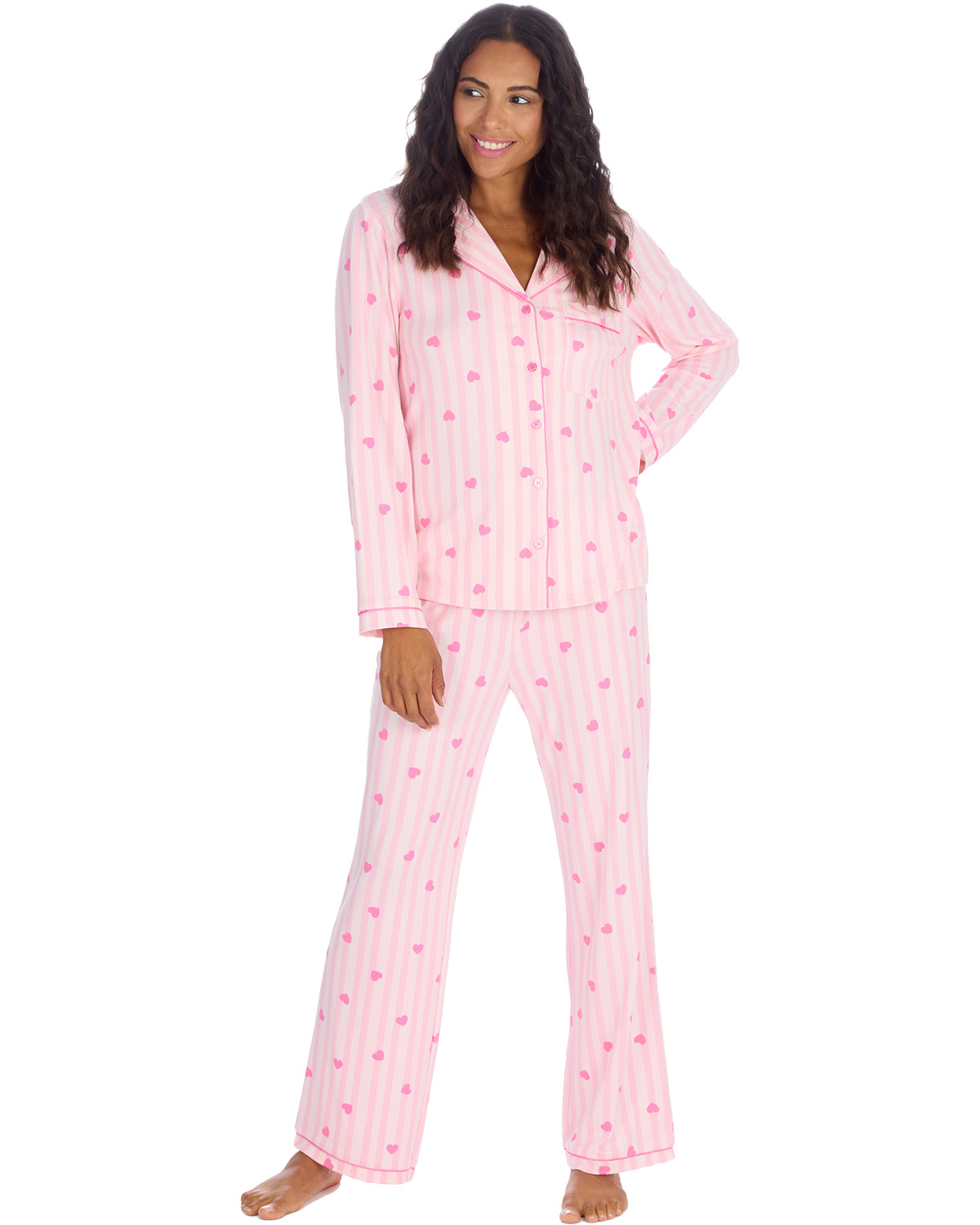 Womens & Girls Pyjamas Set Teddy Bear or Pink Heart Stripe