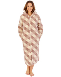 Slenderella Womens Printed Check Fleece  46" Zip Housecoat