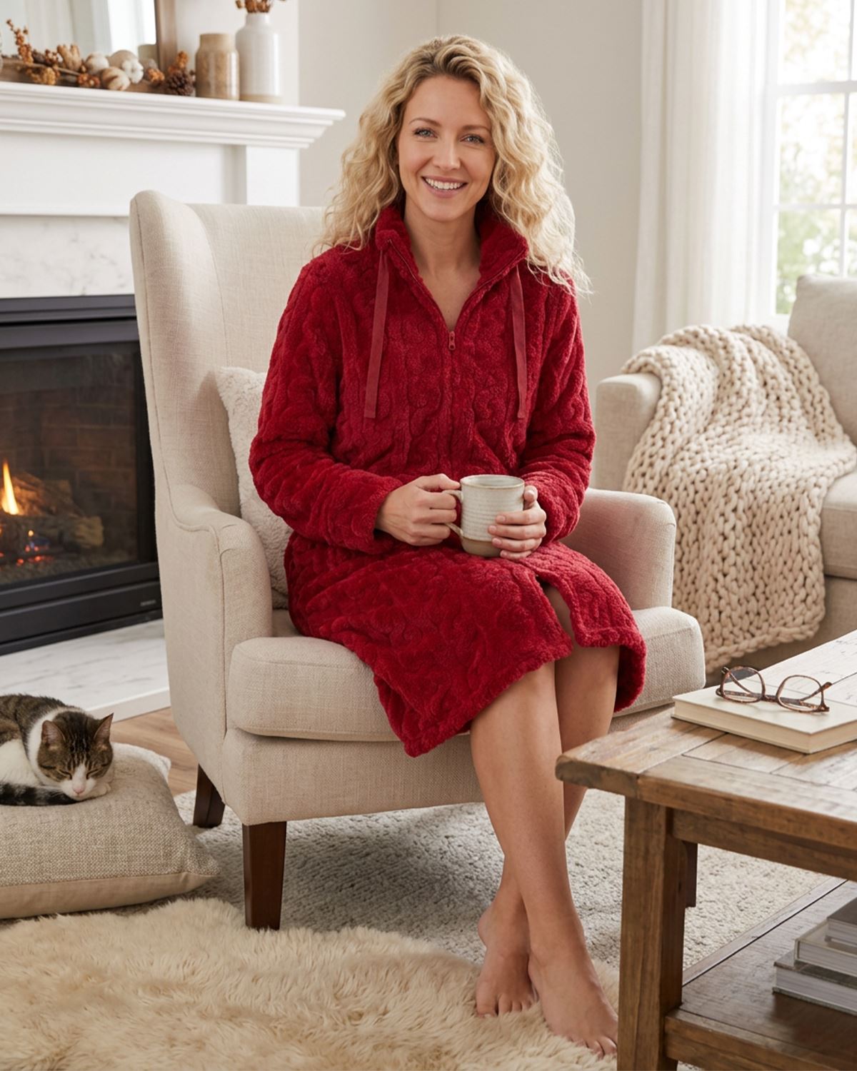 Indigo Sky Womens Cable Effect Fleece Zip Robe