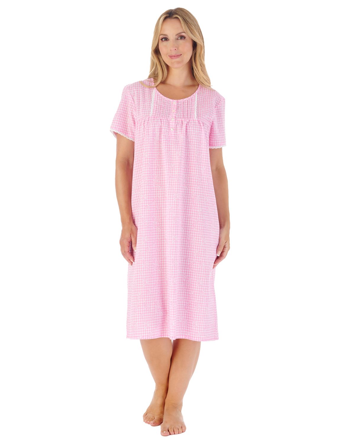 Slenderella Womens 42" Floral Gingham Short Sleeve Nightie