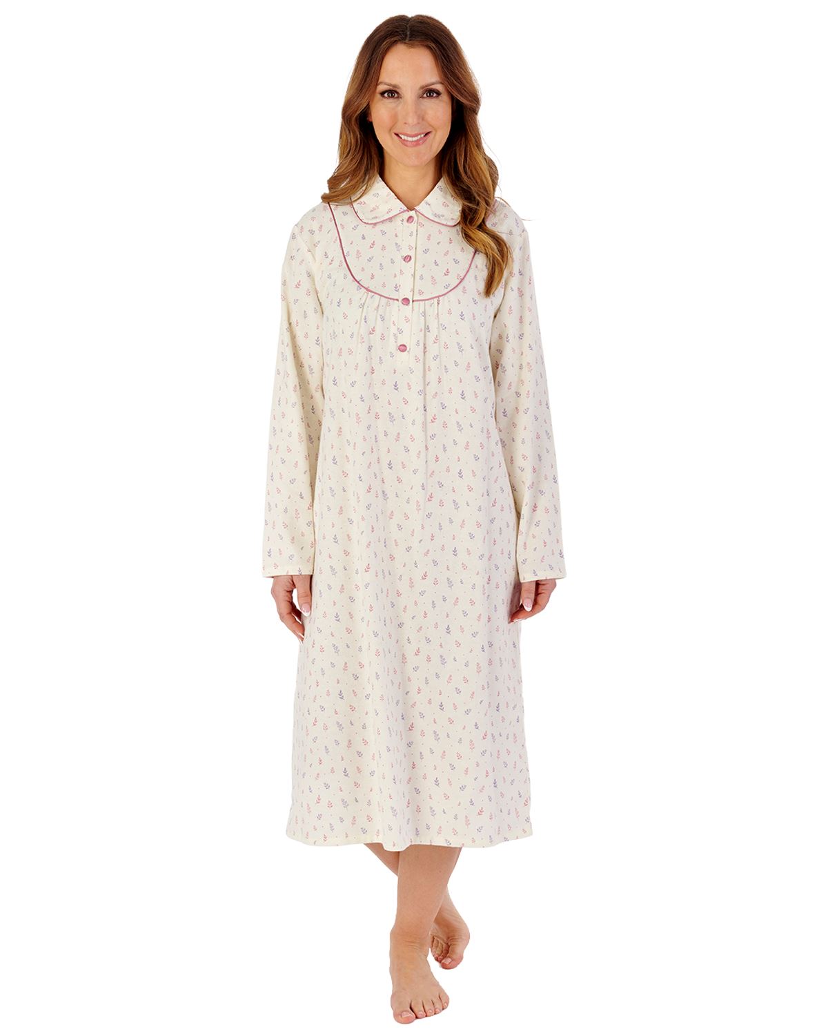 Slenderella Womens Leaf Print Flannel Cotton 45" Long Sleeve Nightdress