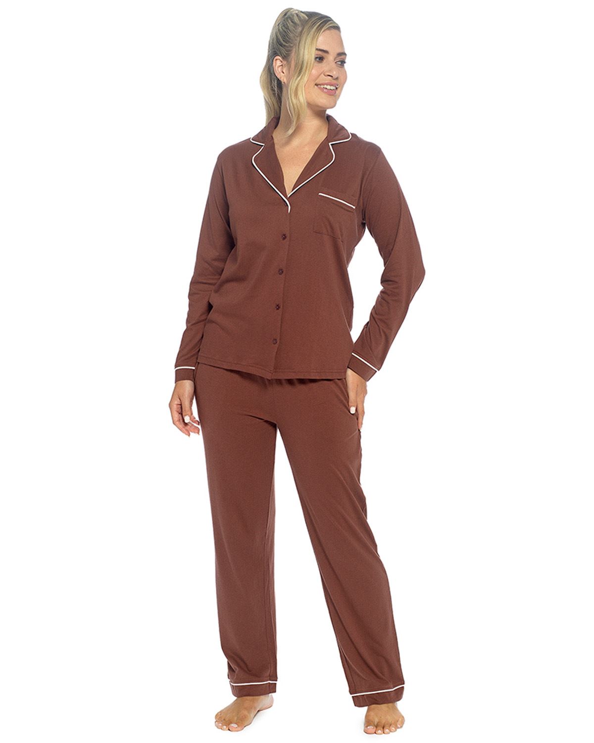 Foxbury Womens Button Through Jersey Cotton Long Pyjamas