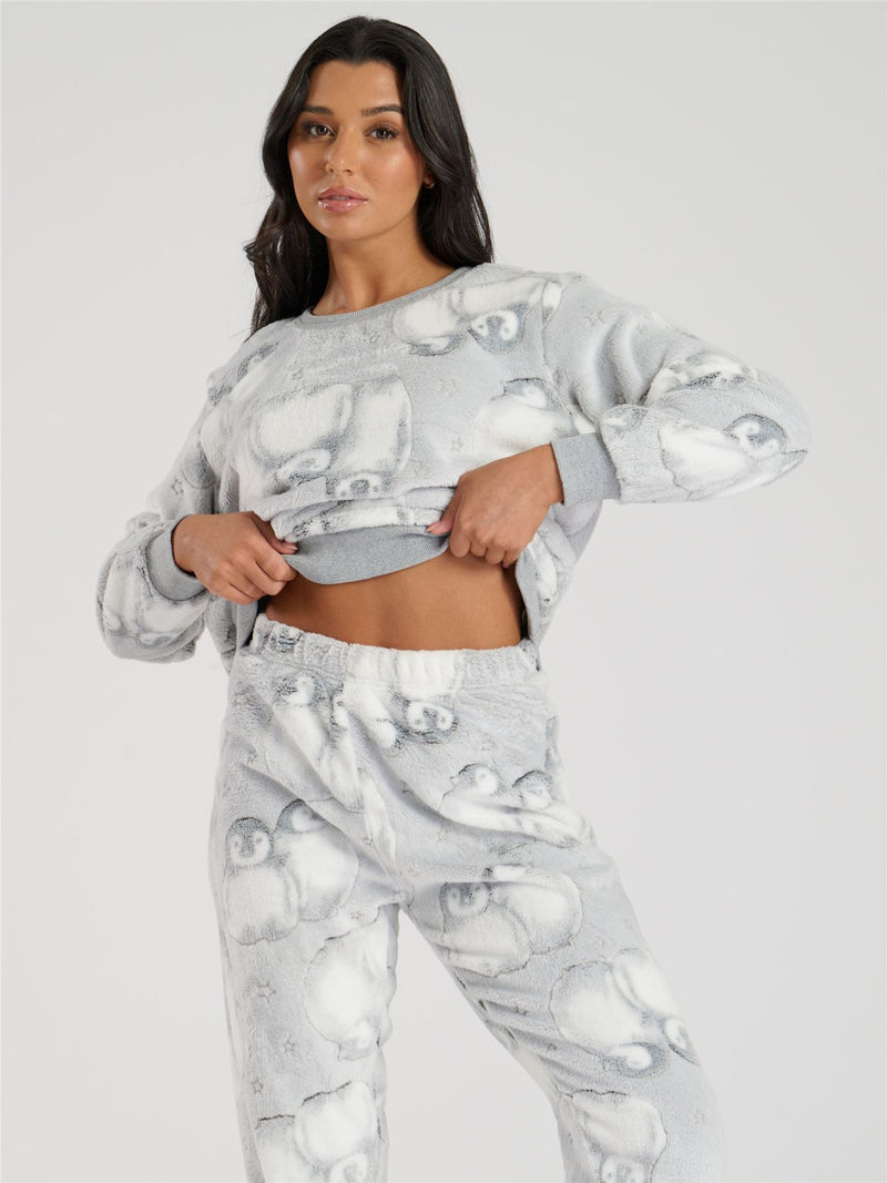 Loungeable Womens Grey Penguin Fleece Pyjamas