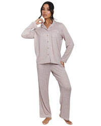 Loungeable Womens Marl Brushed Rib Long Sleeve Buttoned Pyjamas