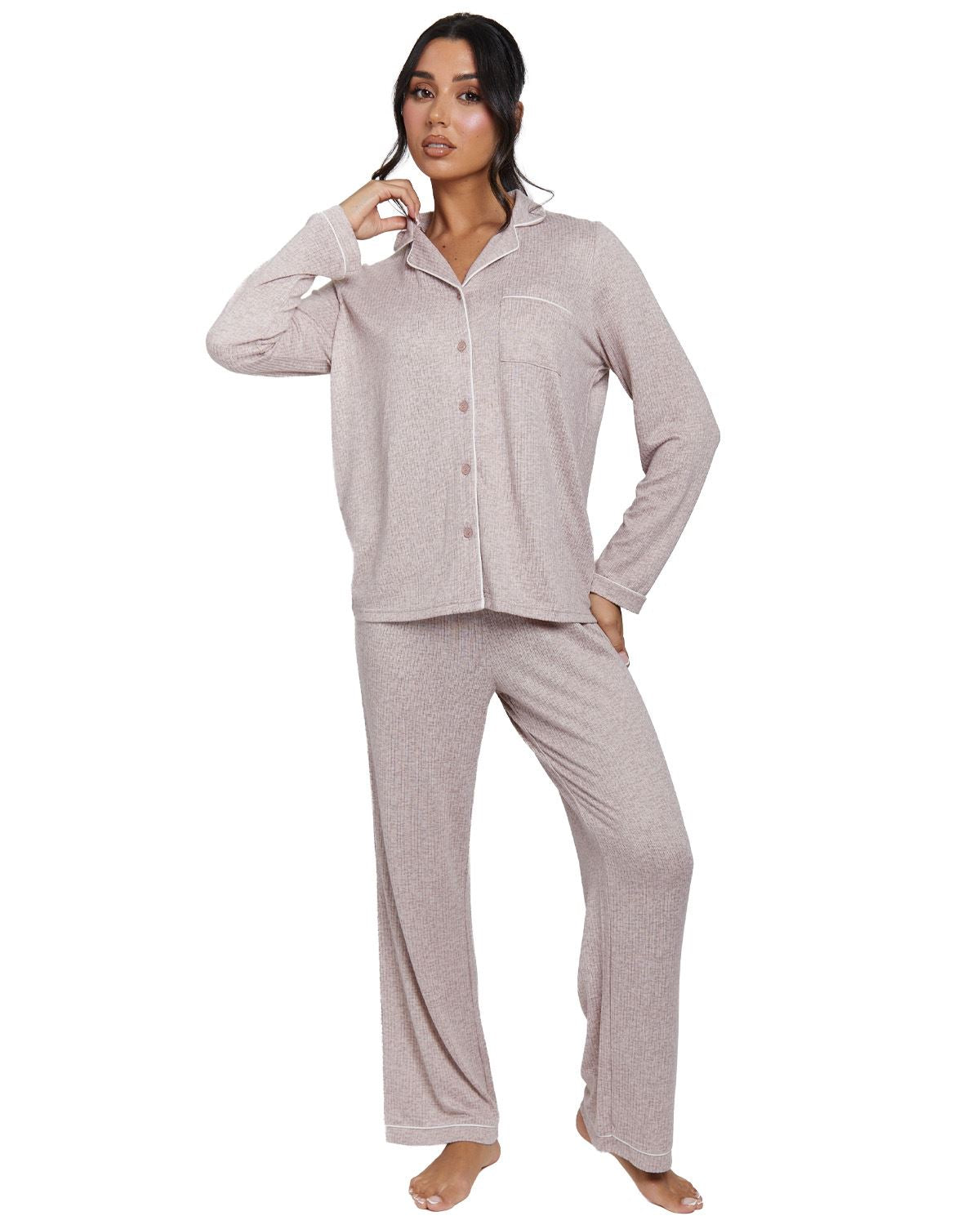 Loungeable Womens Marl Brushed Rib Long Sleeve Buttoned Pyjamas