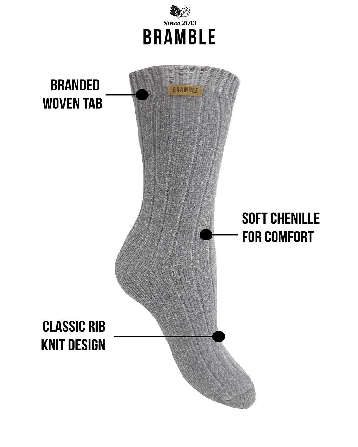Bramble 1 Pair Womens Ribbed Chenille Bed Socks - Grey/Navy