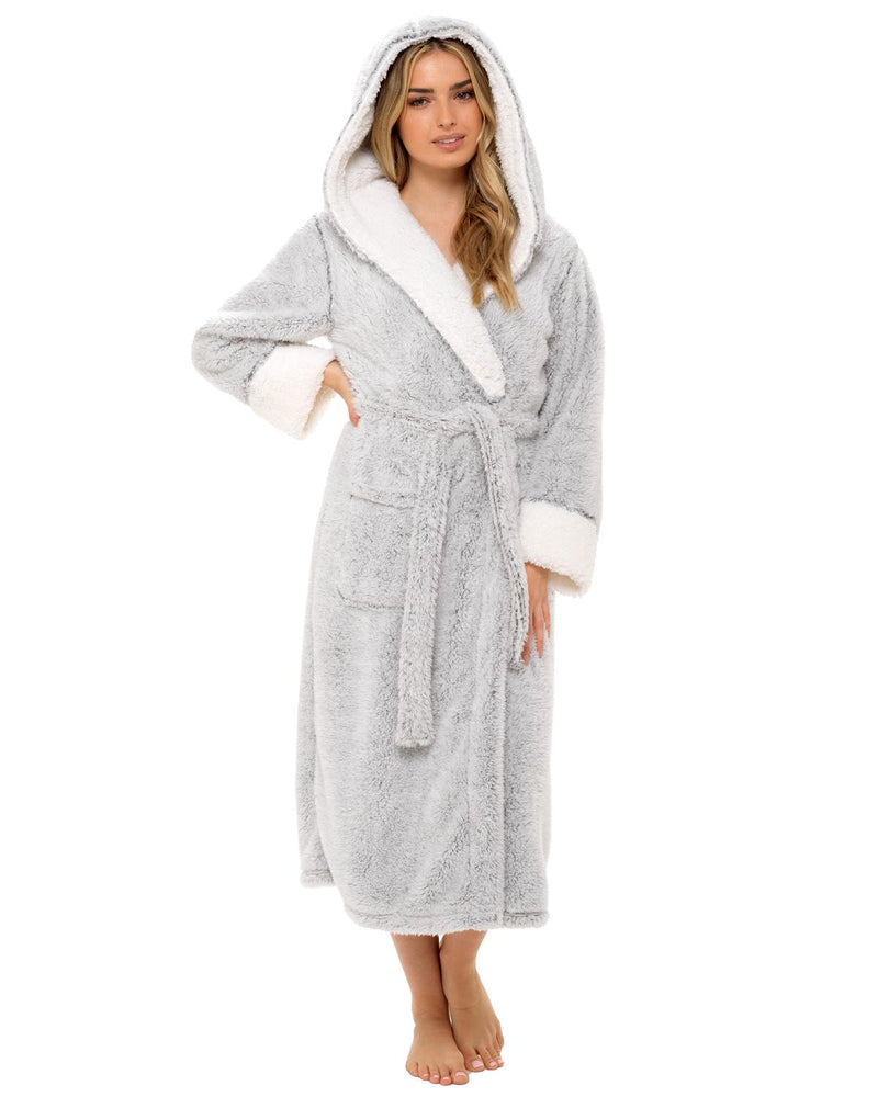 Womens Textured Fleece Sherpa Trim Dressing Gown