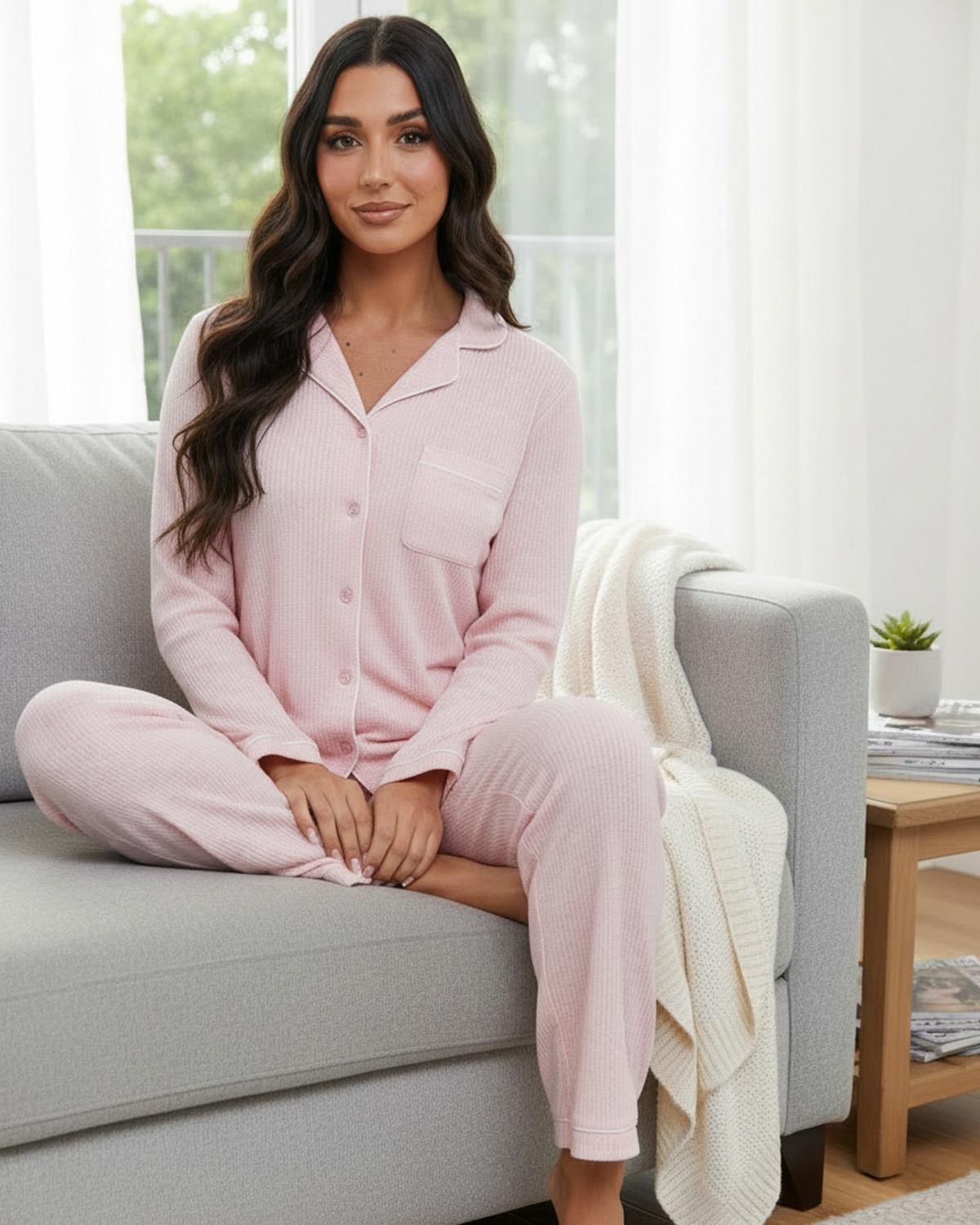 Loungeable Womens Marl Brushed Rib Buttoned Pyjamas