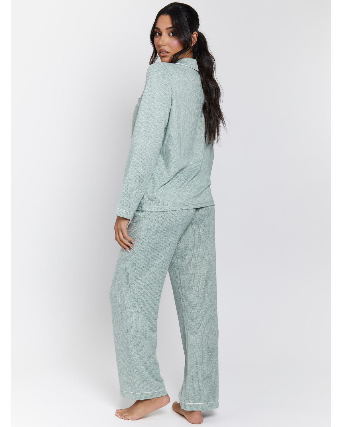Loungeable Womens Marl Brushed Rib Buttoned Pyjamas