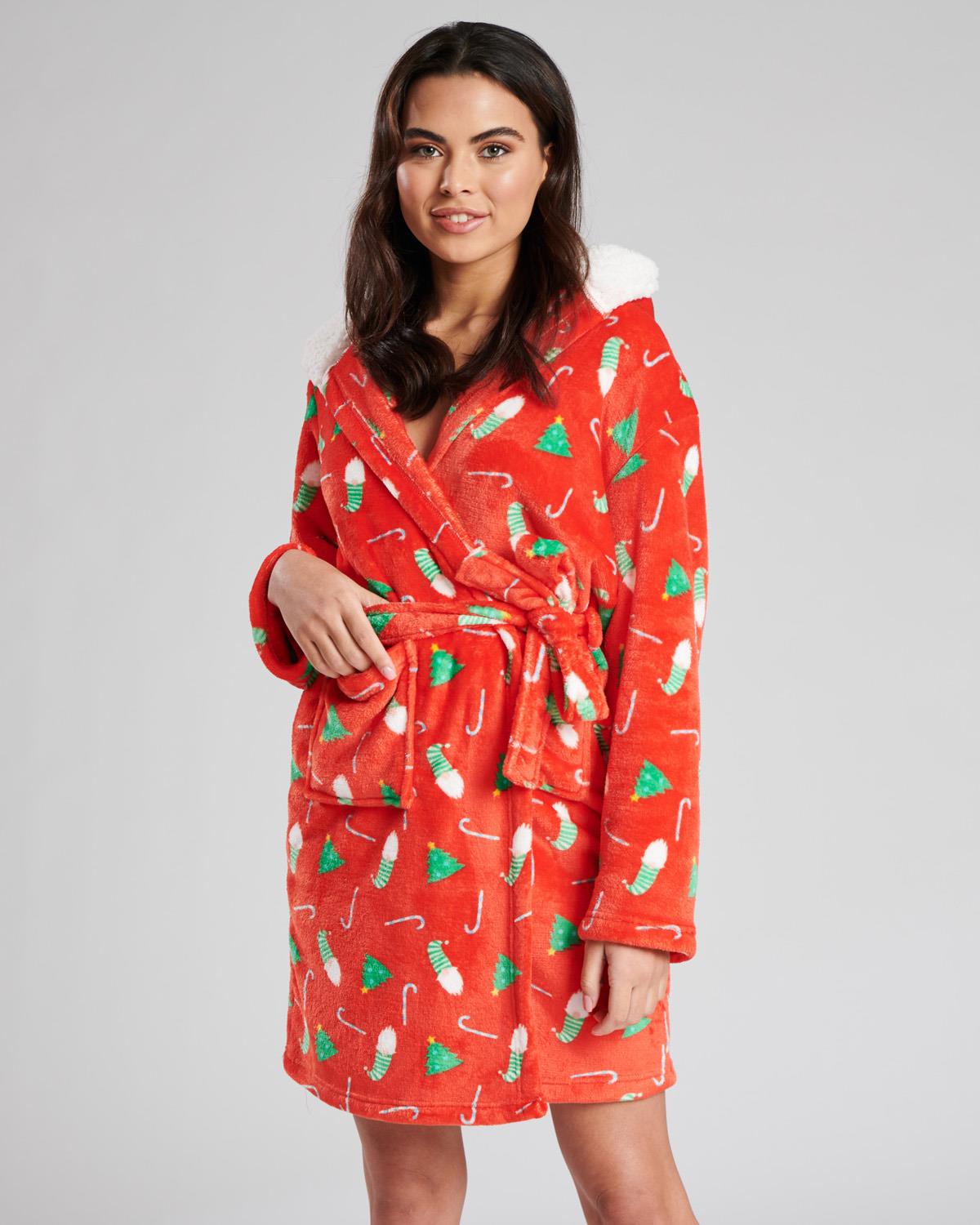 Loungeable Womens Red Christmas Print Dressing Gown Slumber Hut Loungeable Womens Red Christmas Print Dressing Gown Slumber Hut