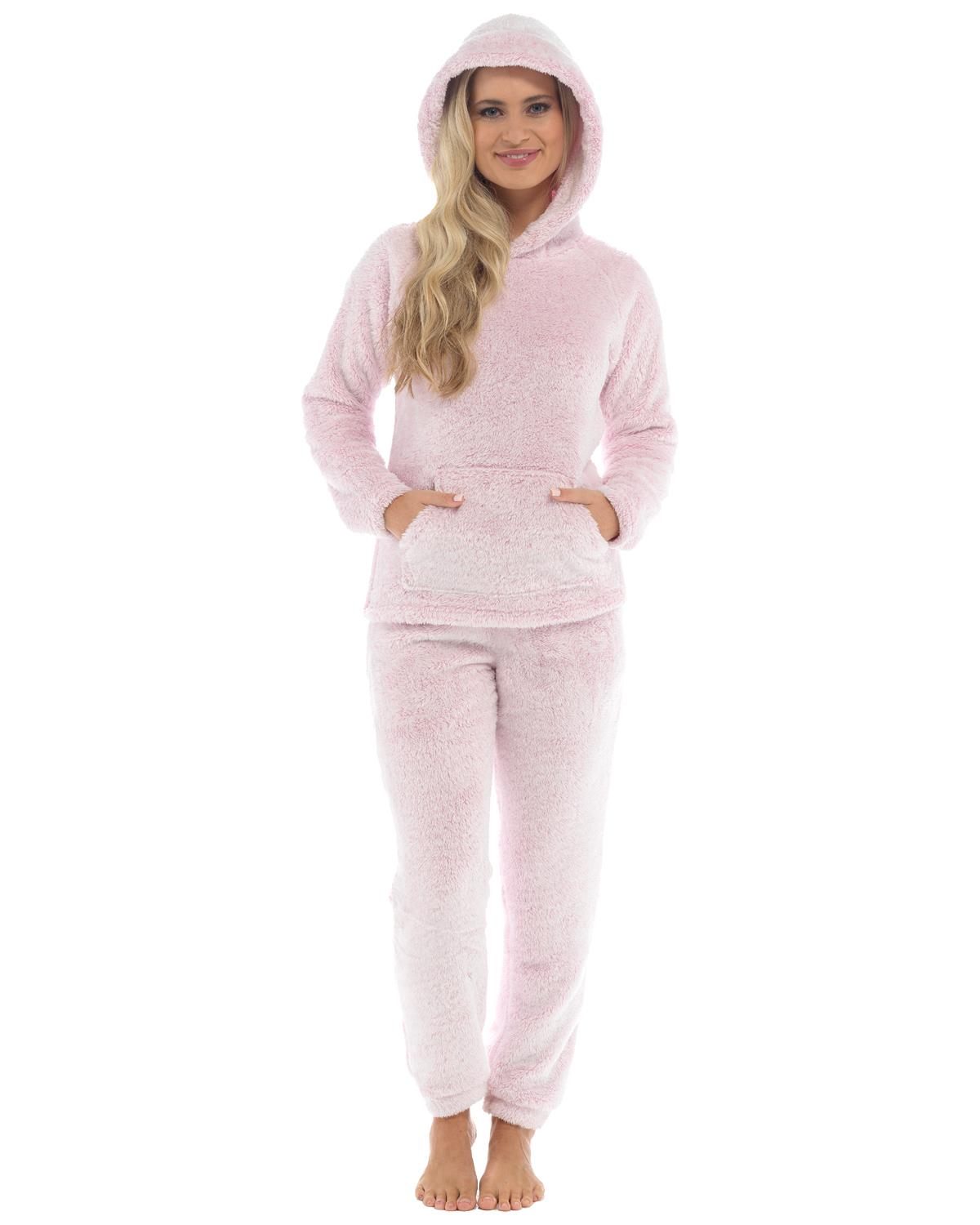Womens Long Pile Fleece Hooded Pyjamas