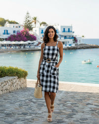 Indigo Roc Womens Black Gingham Belted Linen Dress