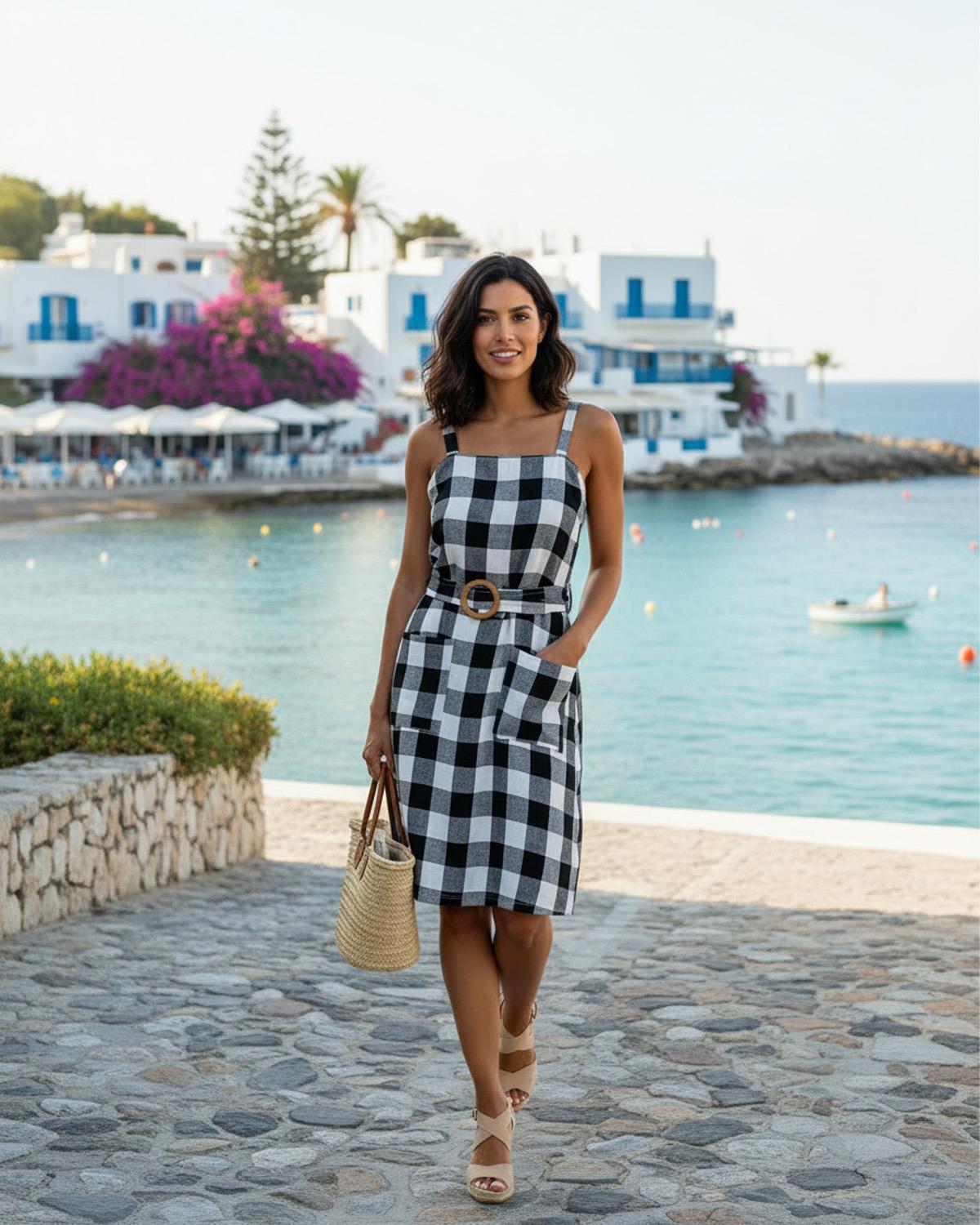 Indigo Roc Womens Black Gingham Belted Linen Dress