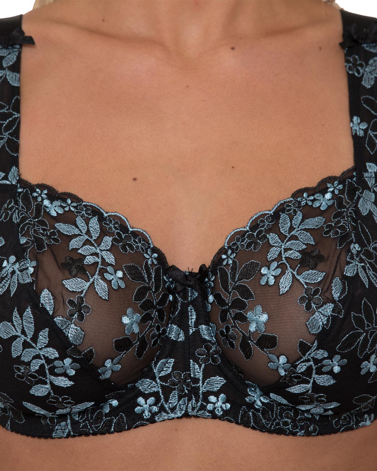 Gemm Womens Floral Embroidered Bra - Black/Teal