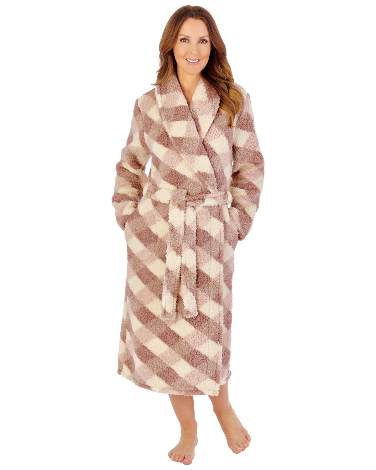 Slenderella Womens Printed Check Fleece 46" Shawl Collar Dressing Gown
