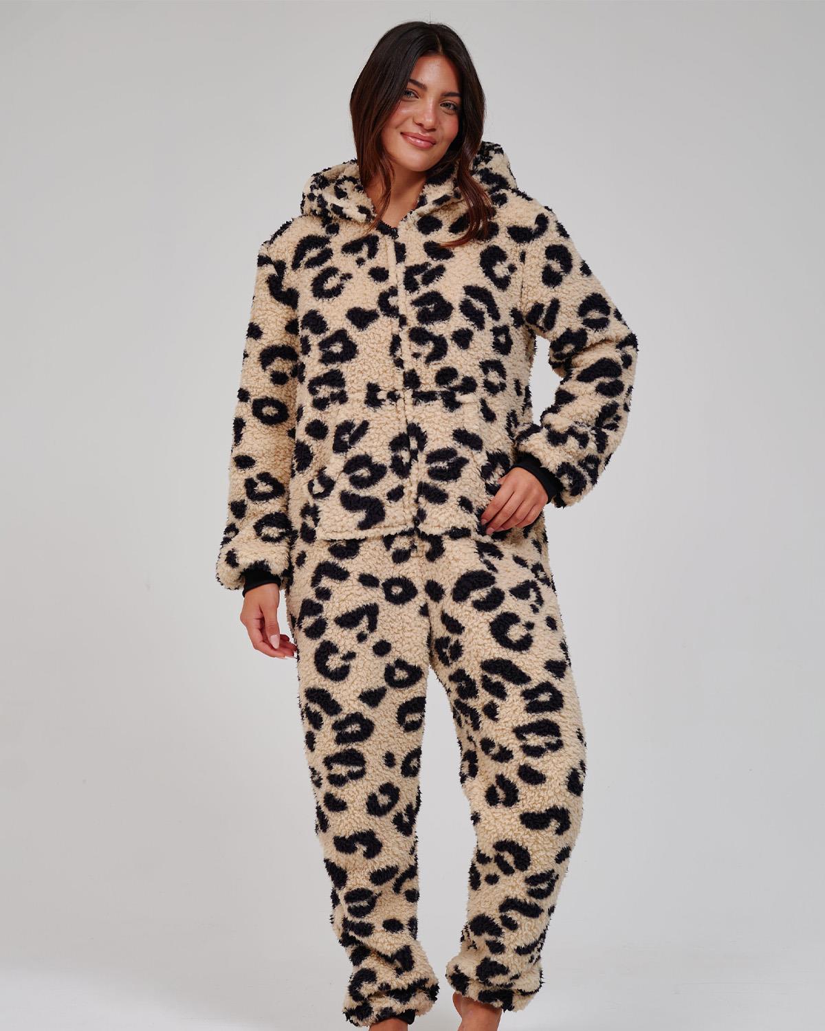 Loungeable Womens Leopard Print Borg Fleece Onesie