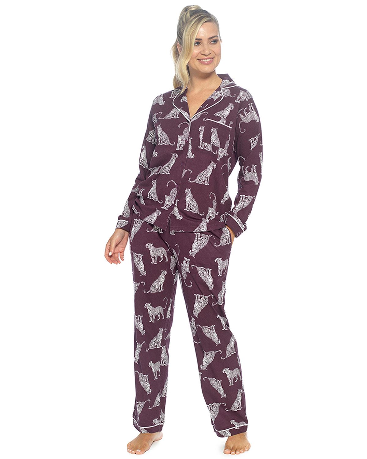 Foxbury Womens Button Through Jersey Cotton Long Pyjamas